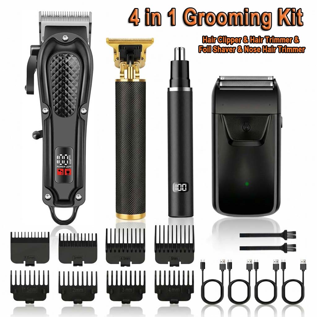 Electric Shaver Rotary - ชุดอุปกรณ์ตัดแต่งทรงผมสำหรับผู้ชายแบบ 4-in-1 ประกอบด้วยเครื่องตัดผมไฟฟ้าแบบไร้สาย, เครื่องโกนหนวดแบบฟอยล์, ชุดอุปกรณ์ตัดขนจมูก, เครื่องตัดหนวด,