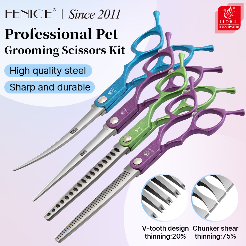 Grooming Scissors - Fenice 6.5 นิ้วสีสันตรงโค้งบาง Chunker กรรไกรเริ่มต้นกรรไกรชุดสําหรับ Practice