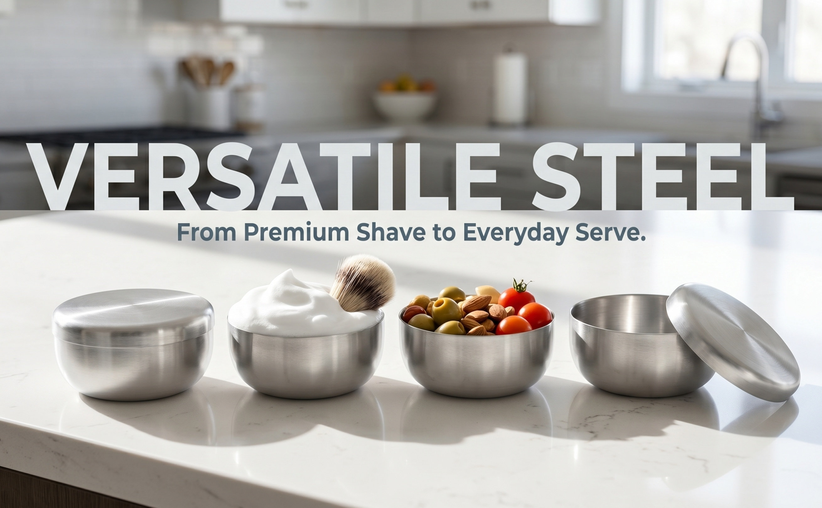 Shaving Cream - ชุดชามโกนหนวดสแตนเลส 4 ชิ้น ชามโลหะทรงกลมสีเงิน สำหรับใส่ครีมโกนหนวด พกพาสะดวก
