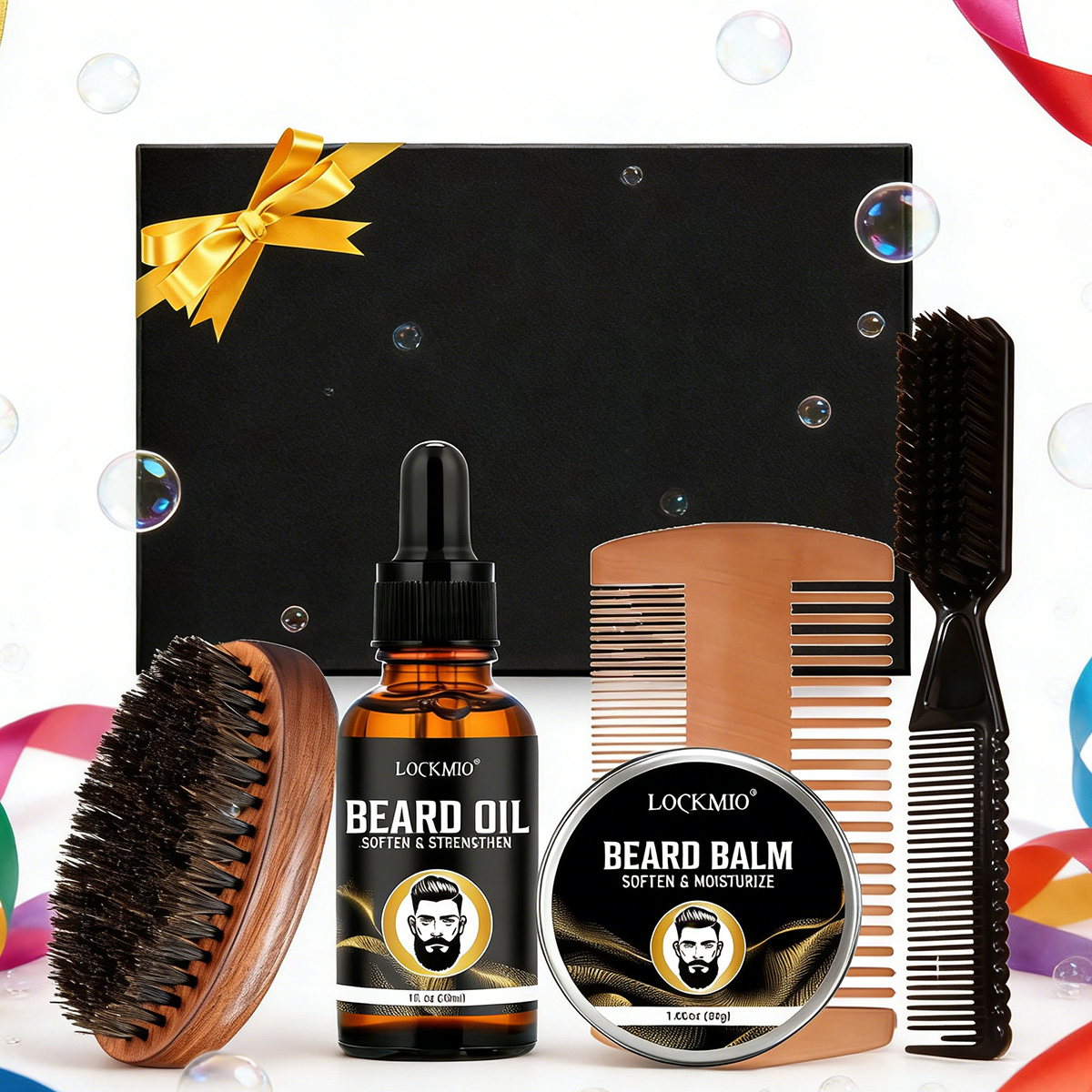 Beard Oil - ผลิตภัณฑ์จัดแต่งทรงหนวดเครา LOCKMIO สำหรับผู้ชาย น้ำมันบำรุงหนวดเคราให้ความชุ่มชื้นยาวนาน ช่วยให้หนวดเครานุ่มและเรียบลื่น ชุดอุปกรณ์เสริม