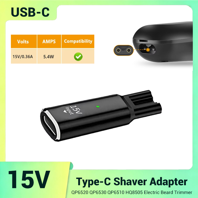 Electric Razor - อะแดปเตอร์ชาร์จขนาดเล็กแบบปลอดภัยและเสถียร 15V USB-C สำหรับเครื่องโกนหนวดไฟฟ้า Philips Norelco